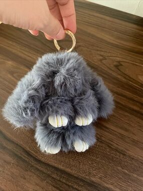 Gray Fluffy Bunny Keychain Charm with Gold Ring